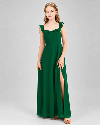 Dark Green Chiffon Ruffled Square Neck Junior Bridesmaid Dresses Front View