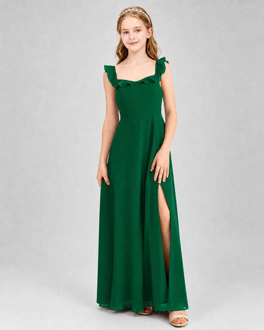 Dark Green Chiffon Ruffled Square Neck Junior Bridesmaid Dresses Front View