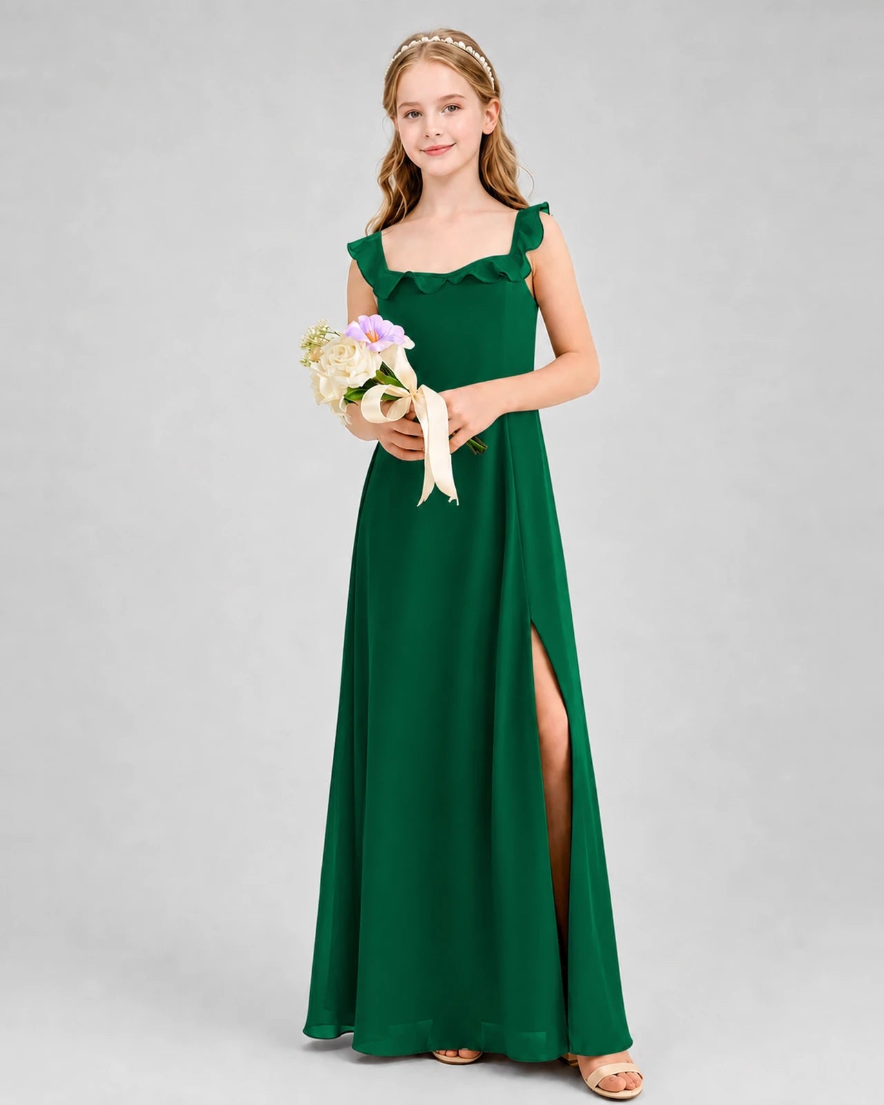 Dark Green Chiffon Ruffled Square Neck Junior Bridesmaid Dresses Front View