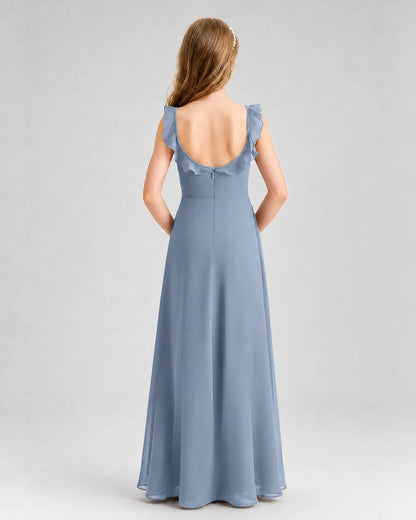 Dusty Blue Chiffon Ruffled Scoop Neck Junior Bridesmaid Dresses Back View
