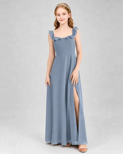 Dusty Blue Chiffon Ruffled A-Line Junior Bridesmaid Dresses Front View