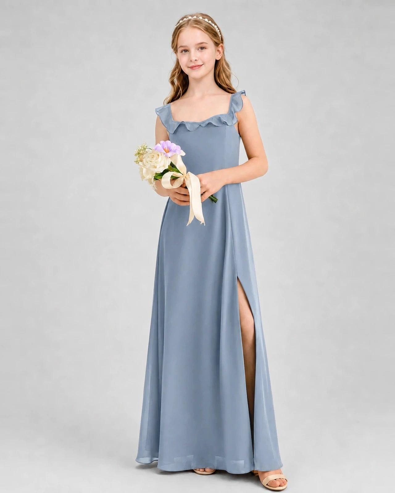 Dusty Blue Chiffon Ruffle Square Neck Junior Bridesmaid Dresses