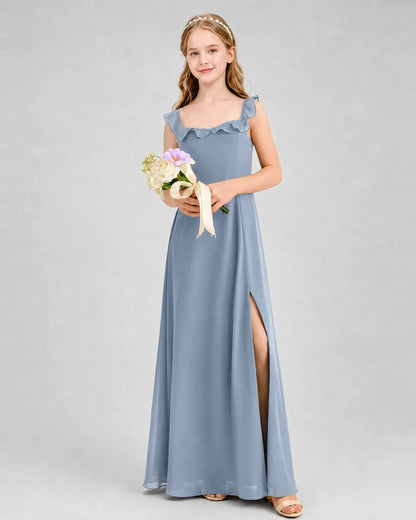 Dusty Blue Chiffon Ruffle Square Neck Junior Bridesmaid Dresses