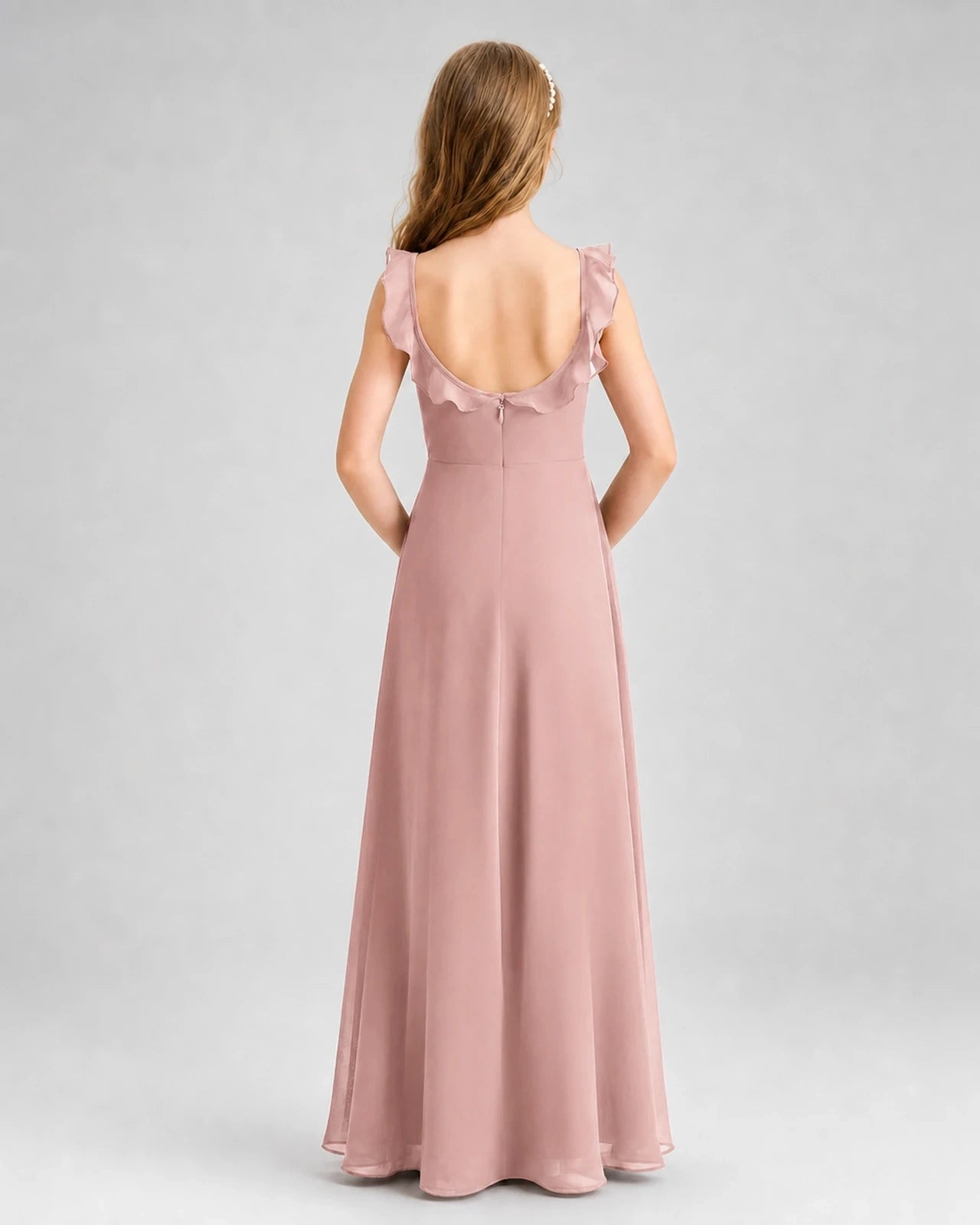 Dusty Rose Chiffon Ruffle Scoop Neck Junior Bridesmaid Dresses Back View