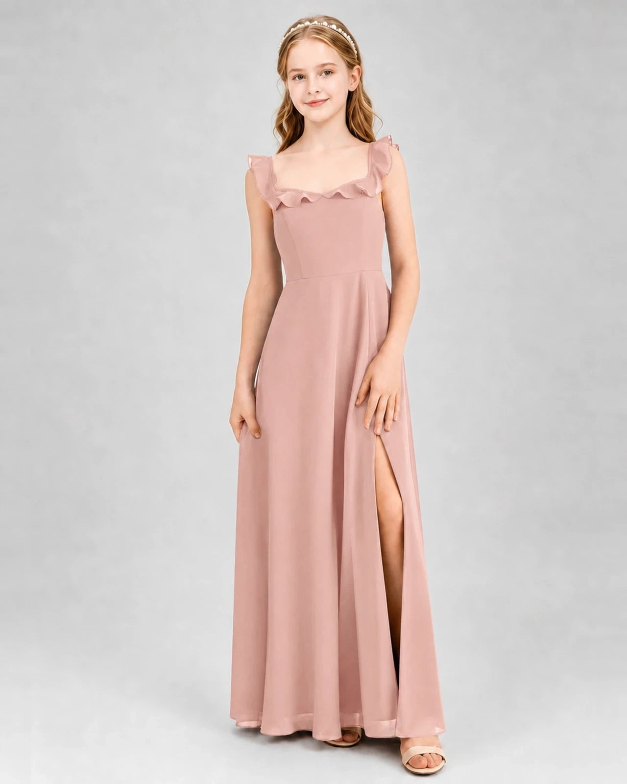 Dusty Rose Chiffon Ruffled A-line Junior Bridesmaid Dresses Front View