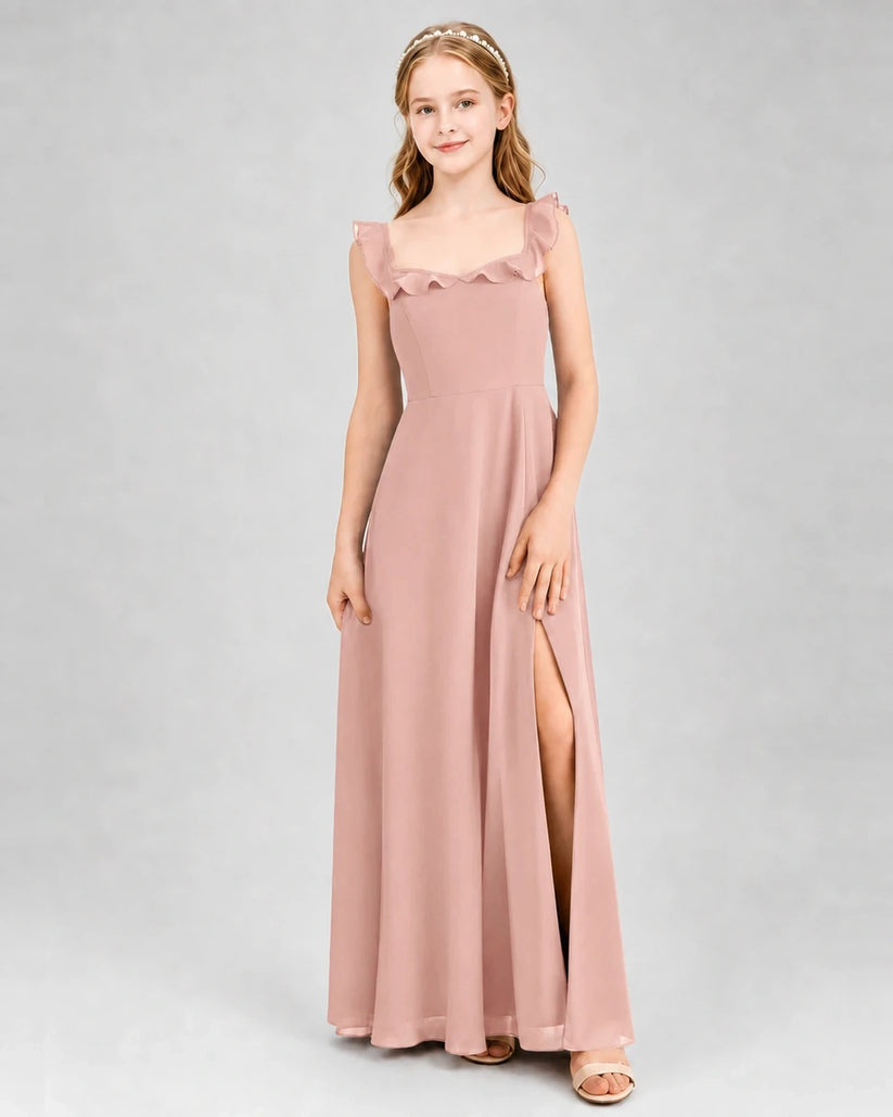 Dusty Rose Chiffon Ruffled A-line Junior Bridesmaid Dresses Front View
