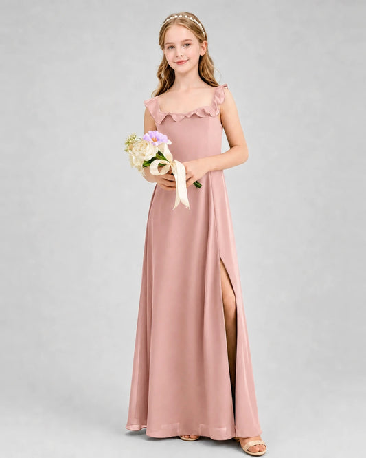 Dusty Rose Chiffon Ruffle A-Line Junior Bridesmaid Dresses