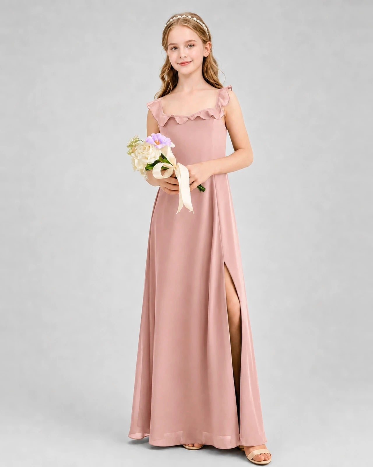 Dusty Rose Chiffon Ruffle A-Line Junior Bridesmaid Dresses
