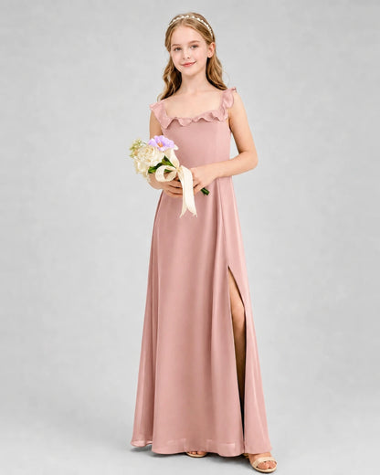 Dusty Rose Chiffon Ruffle A-Line Junior Bridesmaid Dresses