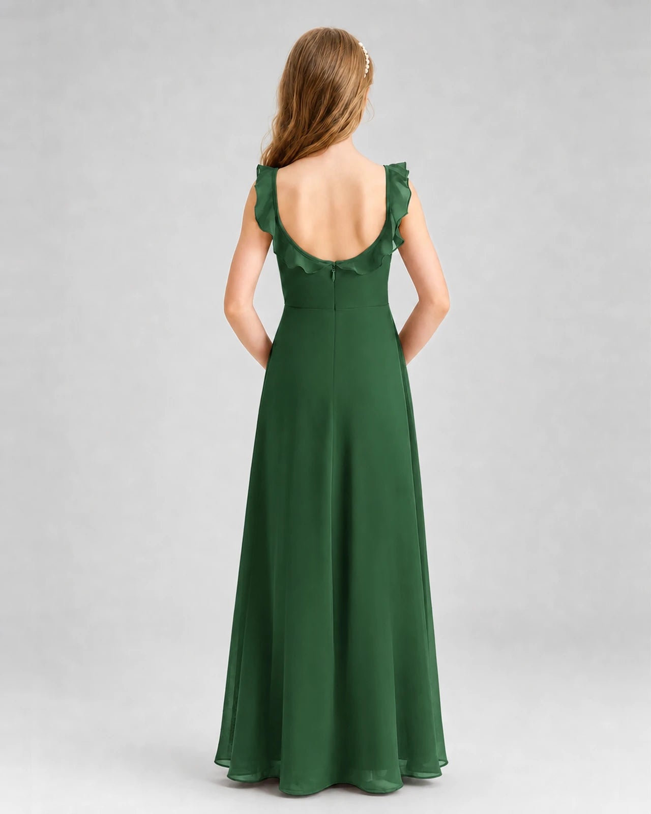 Emerald Green Chiffon Ruffled A-Line Junior Bridesmaid Dresses Back View