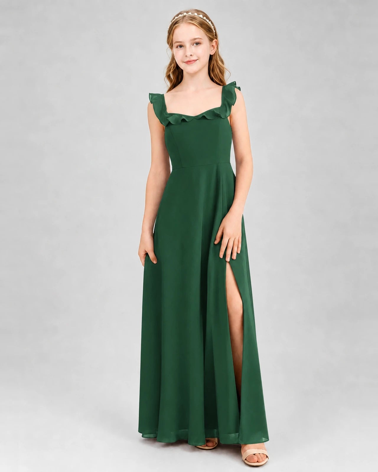 Emerald Green Chiffon Ruffle Straps A Line Junior Bridesmaid Dresses Front View