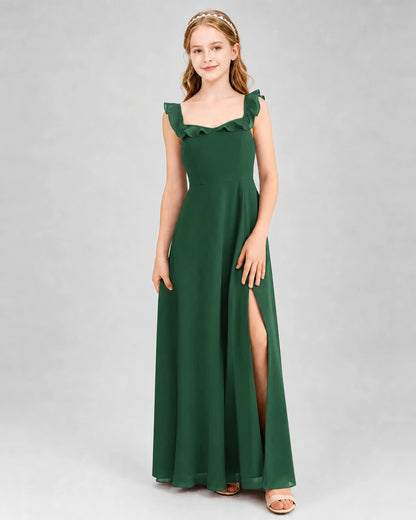 Emerald Green Chiffon Ruffle Straps A Line Junior Bridesmaid Dresses Front View