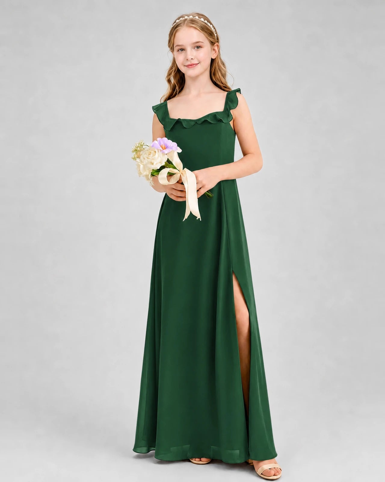 Emerald Green Chiffon Ruffle Square Neck Junior Bridesmaid Dresses Front View