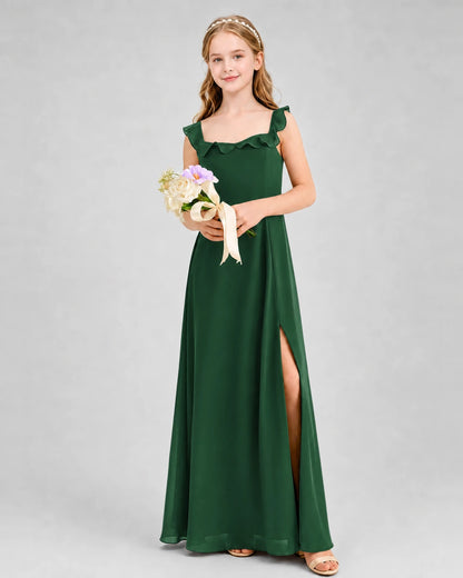 Emerald Green Chiffon Ruffle Square Neck Junior Bridesmaid Dresses Front View