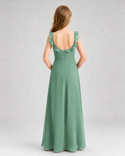 Eucalyptus Chiffon Ruffled Scoop Neck Junior Bridesmaid Dresses Back View
