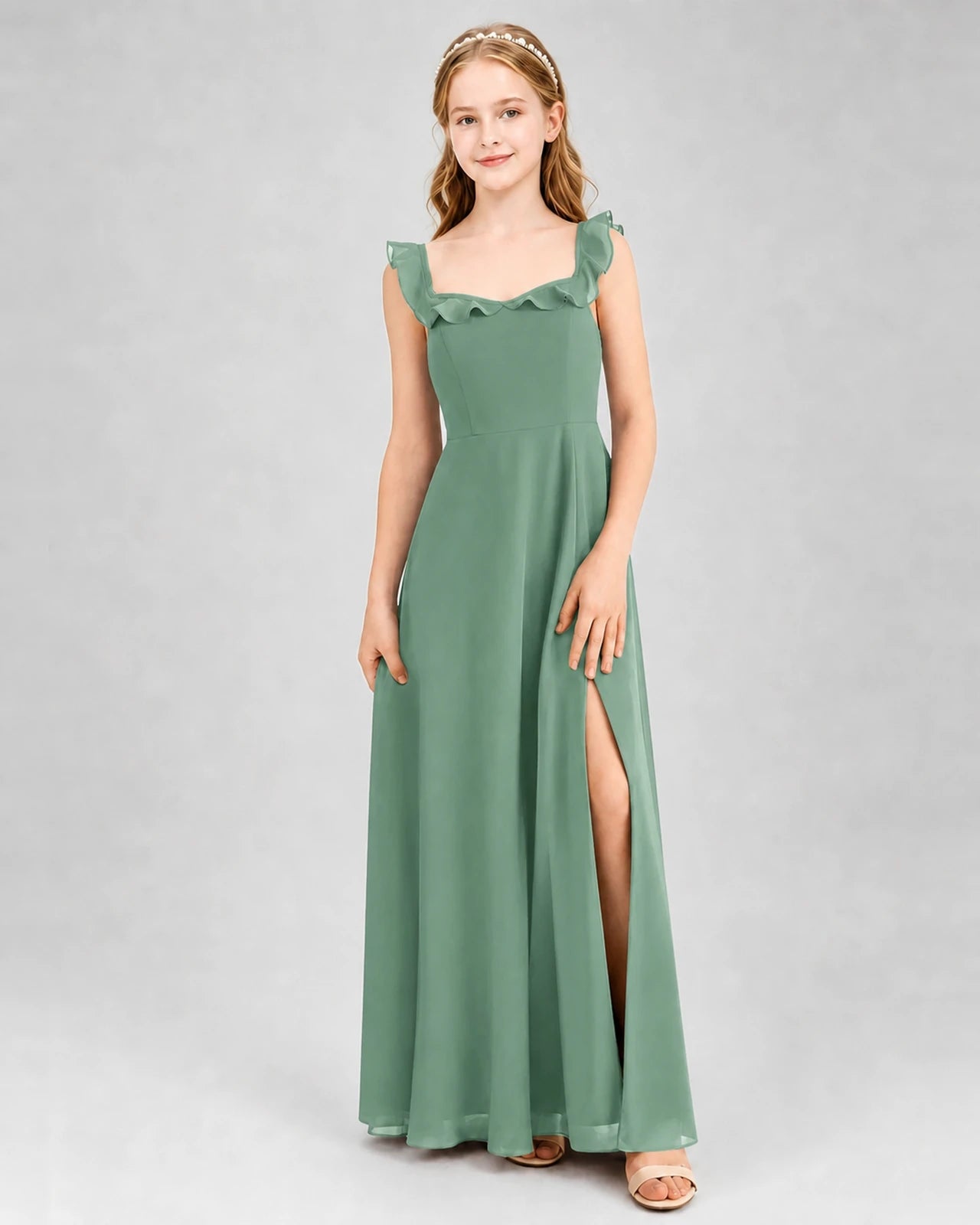 Eucalyptus Chiffon Ruffle A-Line Junior Bridesmaid Dress Front View