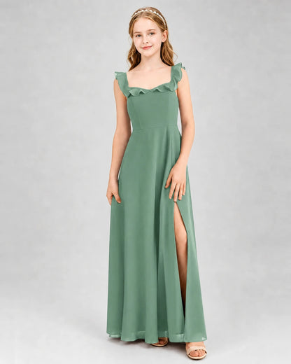 Eucalyptus Chiffon Ruffle A-Line Junior Bridesmaid Dress Front View