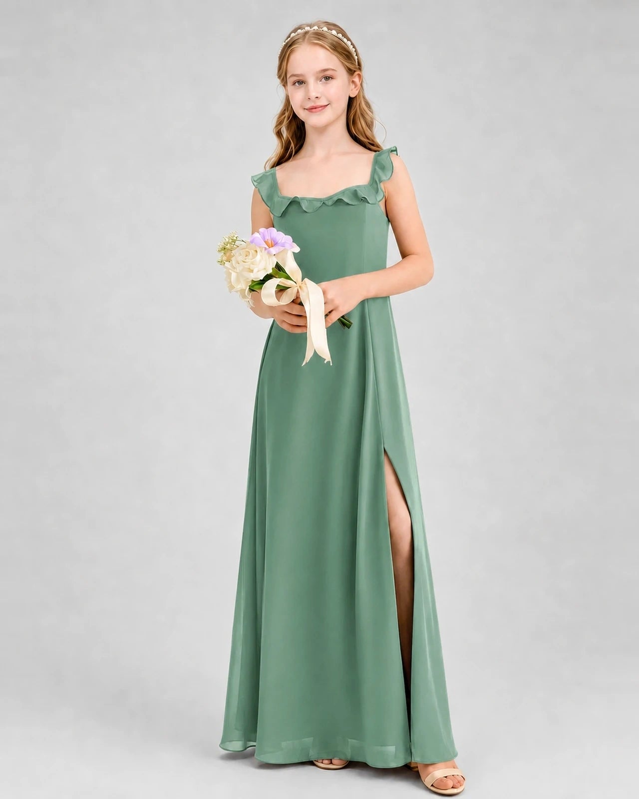 Eucalyptus Chiffon Ruffled A-line Junior Bridesmaid Dresses