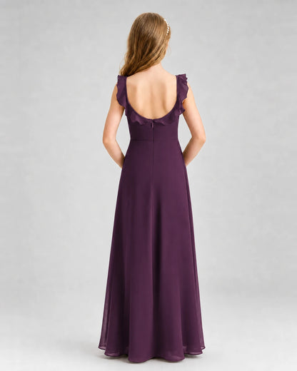 Grape Chiffon Ruffled A-Line Junior Bridesmaid Dresses Back View