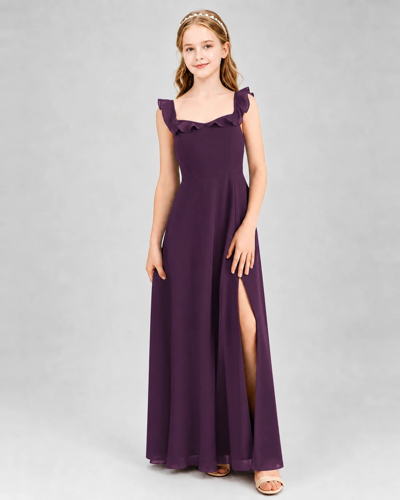 Grape Chiffon Ruffle-Strap A-Line Junior Bridesmaid Dresses Front View
