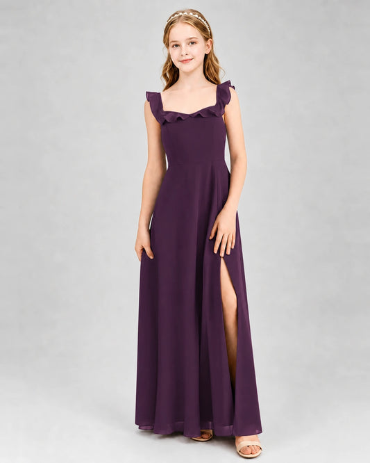 Grape Chiffon Ruffle-Strap A-Line Junior Bridesmaid Dresses Front View
