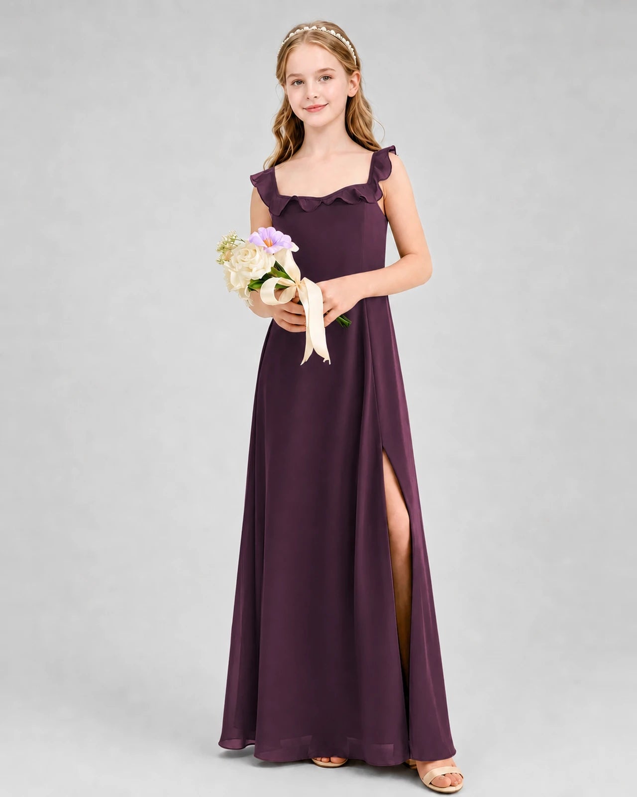 Grape Chiffon Ruffle Square Neck Junior Bridesmaid Dresses