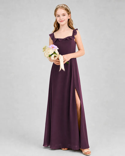 Grape Chiffon Ruffle Square Neck Junior Bridesmaid Dresses