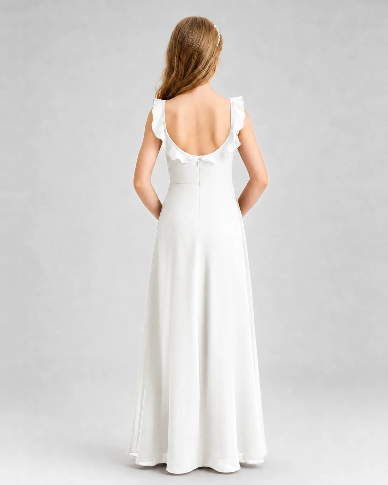 Ivory Chiffon Ruffled Scoop Neck Junior Bridesmaid Dresses Back View