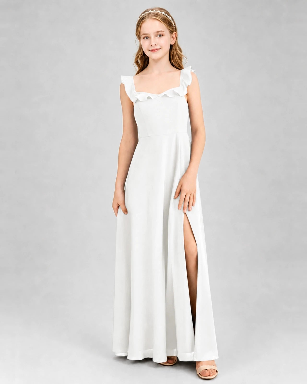 Ivory Chiffon Ruffled Slit Junior Bridesmaid Dresses Front View