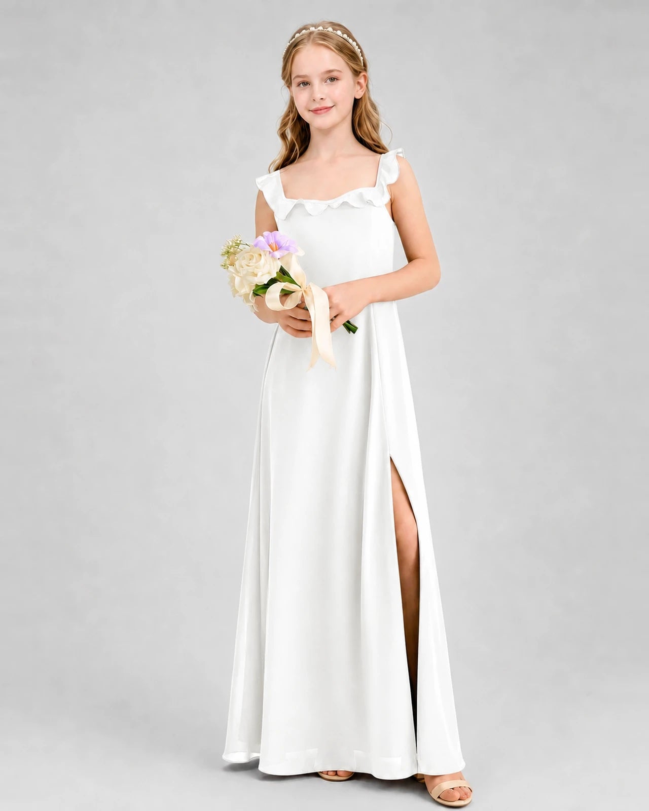 Ivory chiffon ruffle square neck slit junior bridesmaid dress