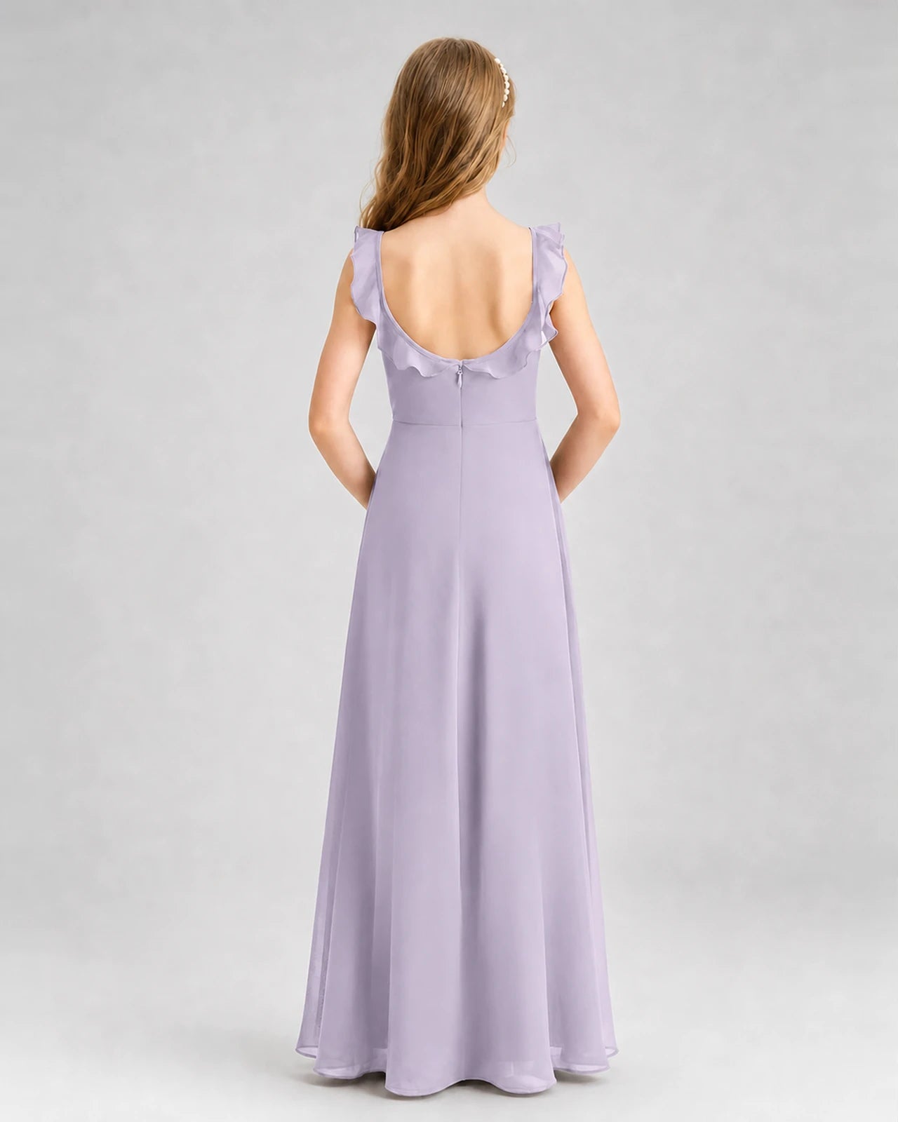 Lavender Chiffon Ruffled Scoop Neck Junior Bridesmaid Dresses Back View