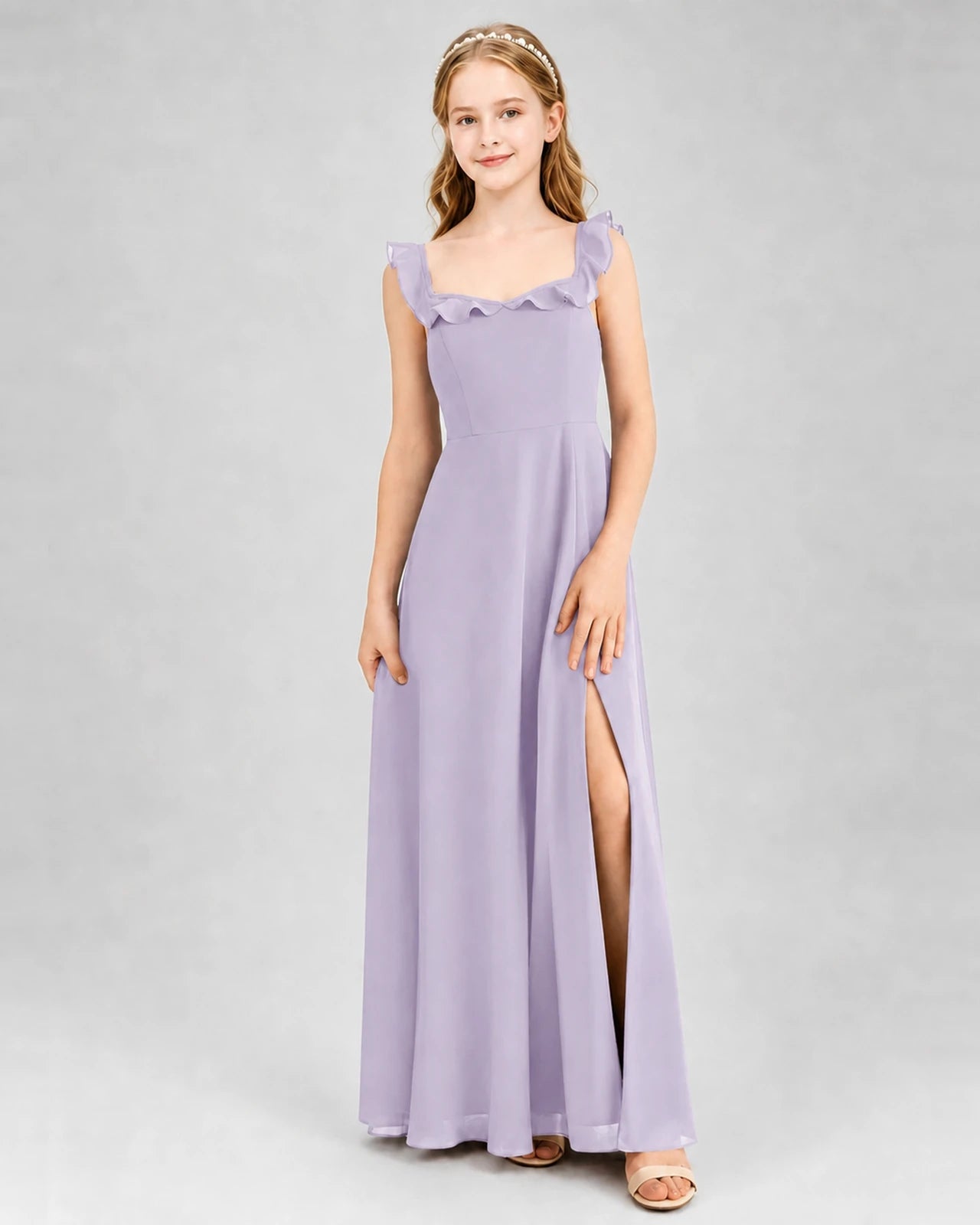 Lavender Chiffon Ruffle-Trimmed Split Junior Bridesmaid Dresses Front View