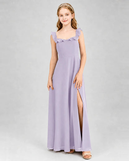 Lavender Chiffon Ruffle-Trimmed Split Junior Bridesmaid Dresses Front View