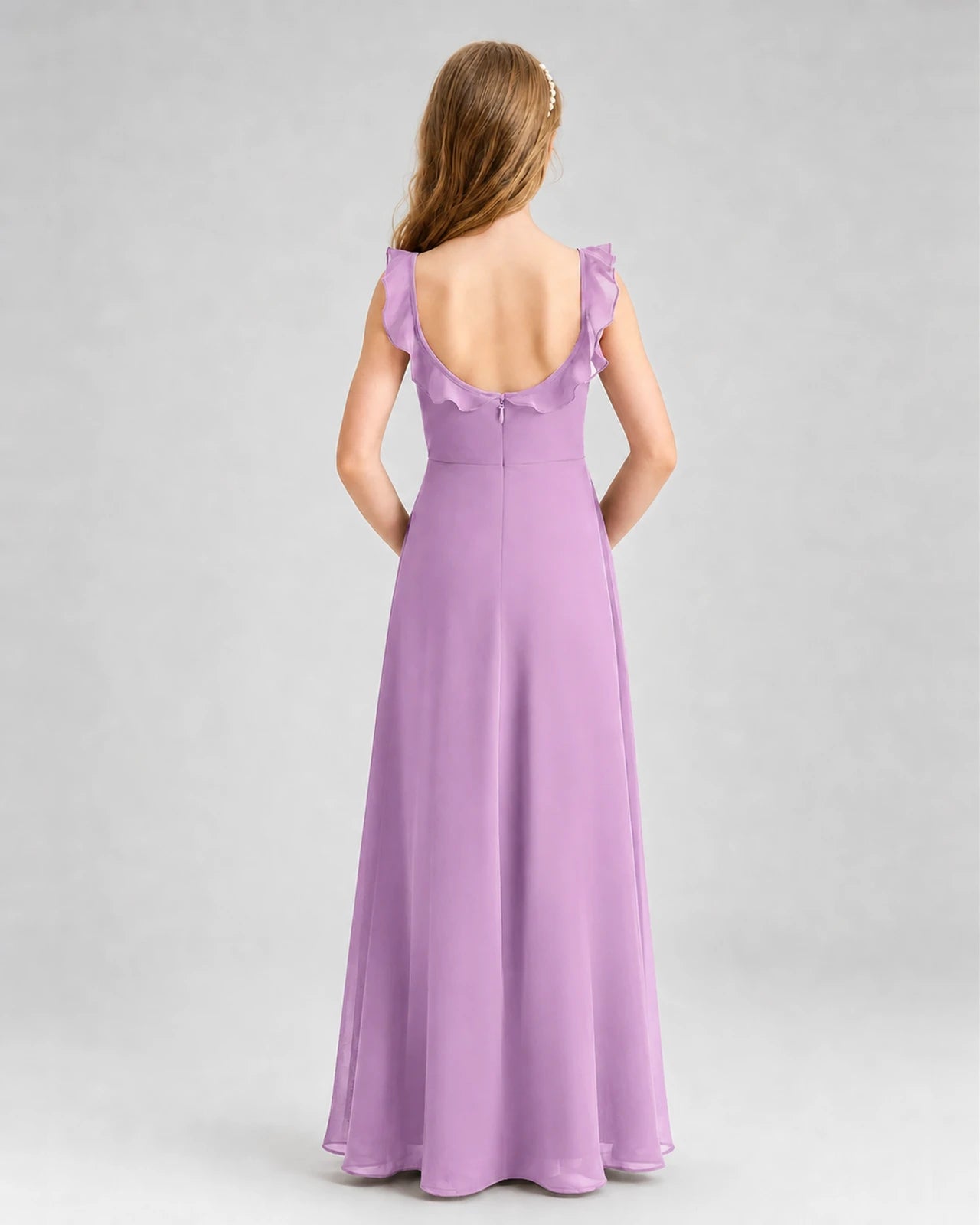 Lilac chiffon ruffle-strap junior bridesmaid dress, back view