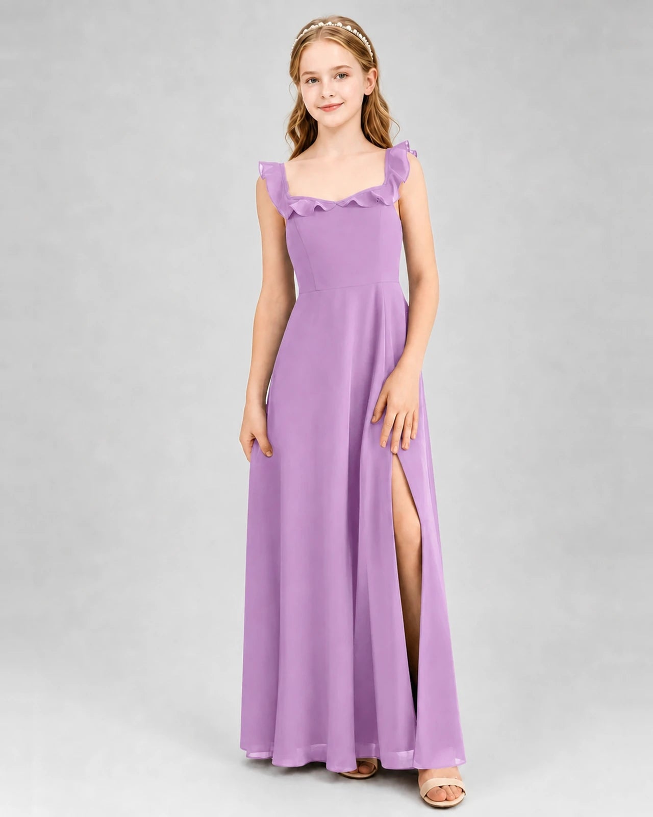 Lilac Chiffon Ruffled A-Line Junior Bridesmaid Dresses Front View