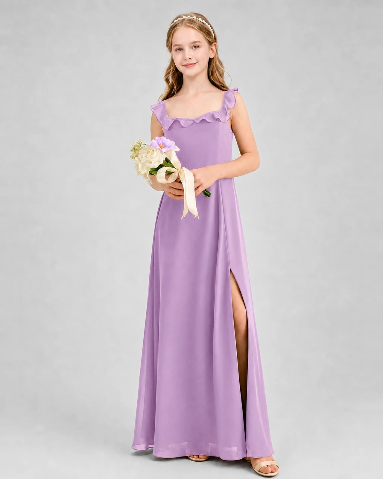 Lilac Chiffon Ruffle Square Neck Junior Bridesmaid Dresses