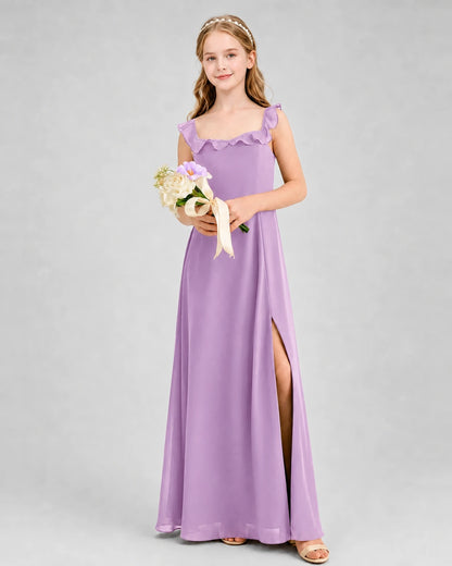 Lilac Chiffon Ruffle Square Neck Junior Bridesmaid Dresses
