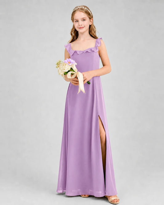 Lilac Chiffon Ruffle Square Neck Junior Bridesmaid Dresses