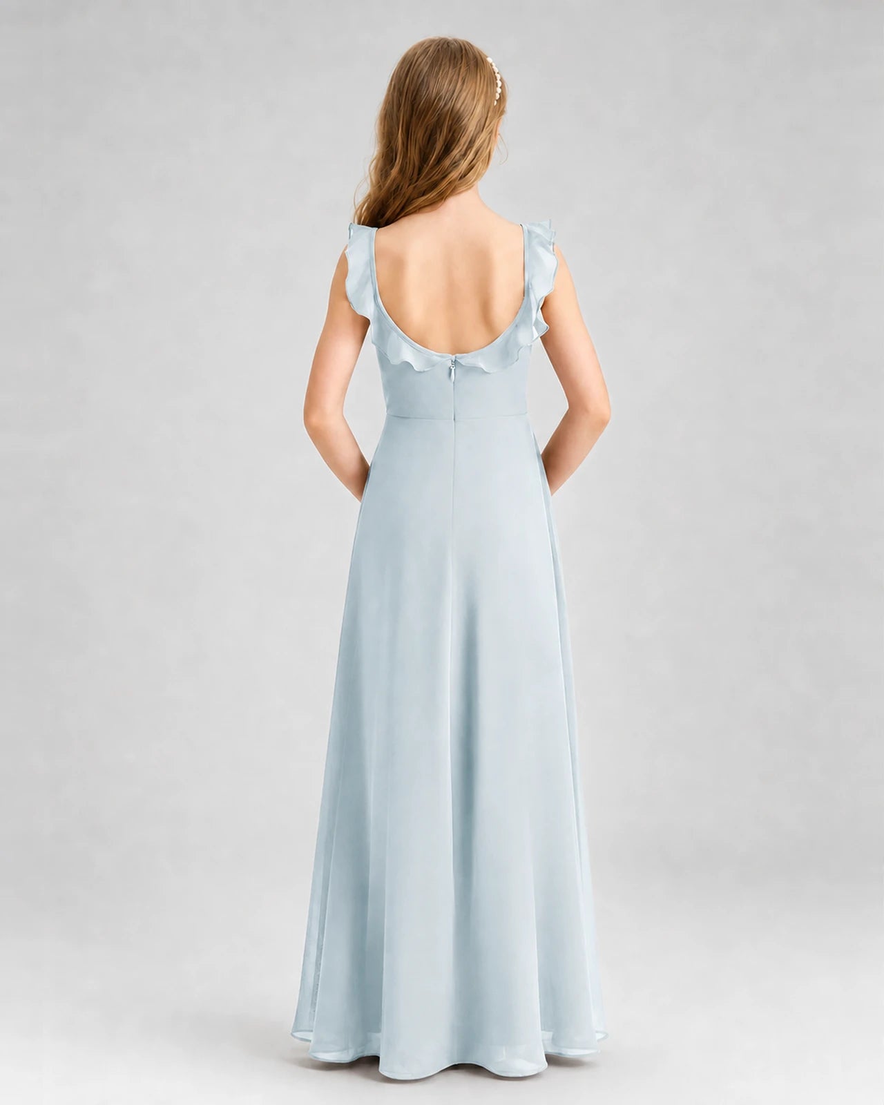 Mist Chiffon Ruffled Scoop Neck Junior Bridesmaid Dresses Back View