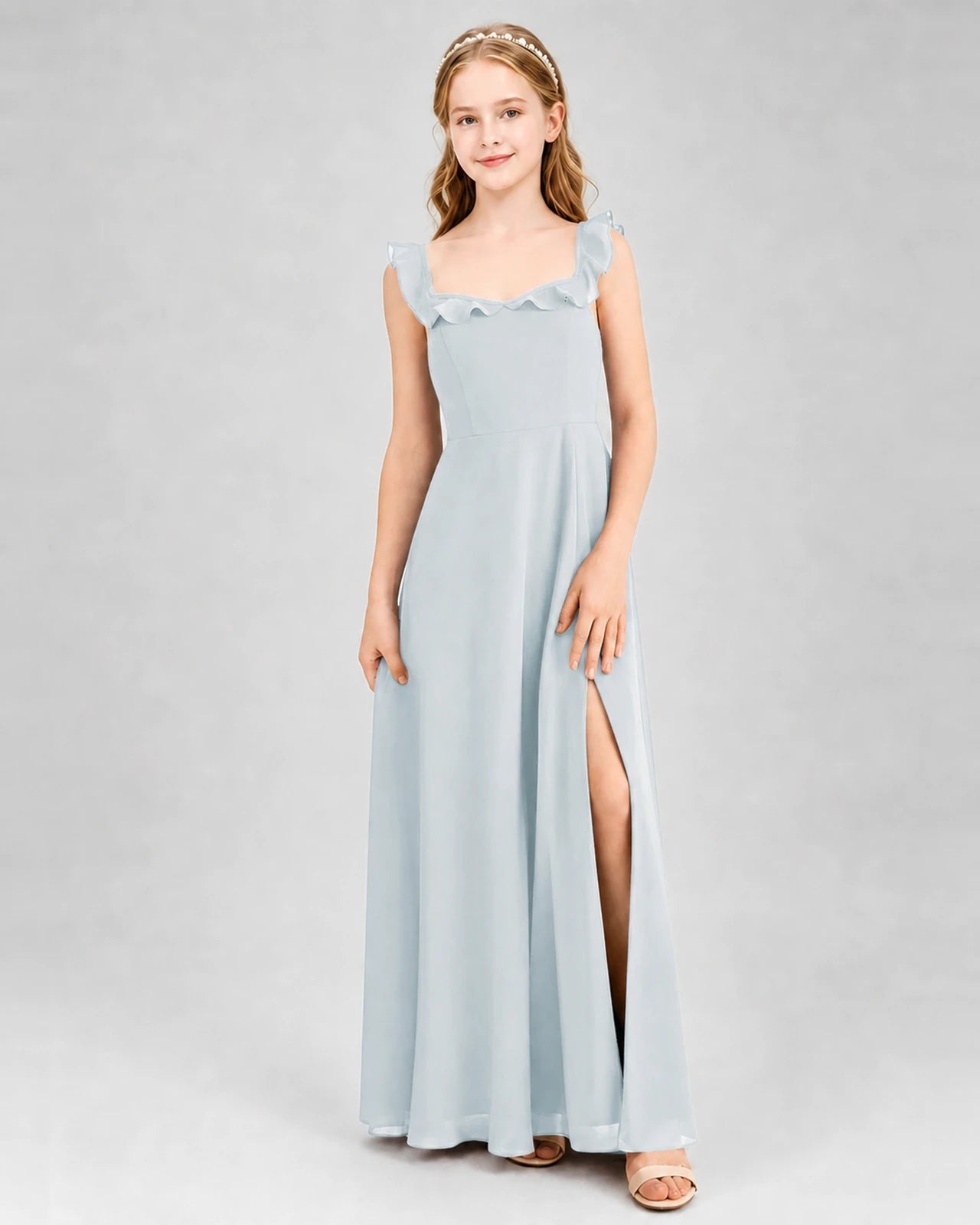 Mist Chiffon Ruffled Split Junior Bridesmaid Dresses Front View