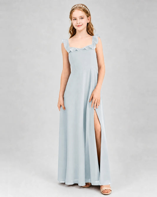 Mist Chiffon Ruffled Split Junior Bridesmaid Dresses Front View
