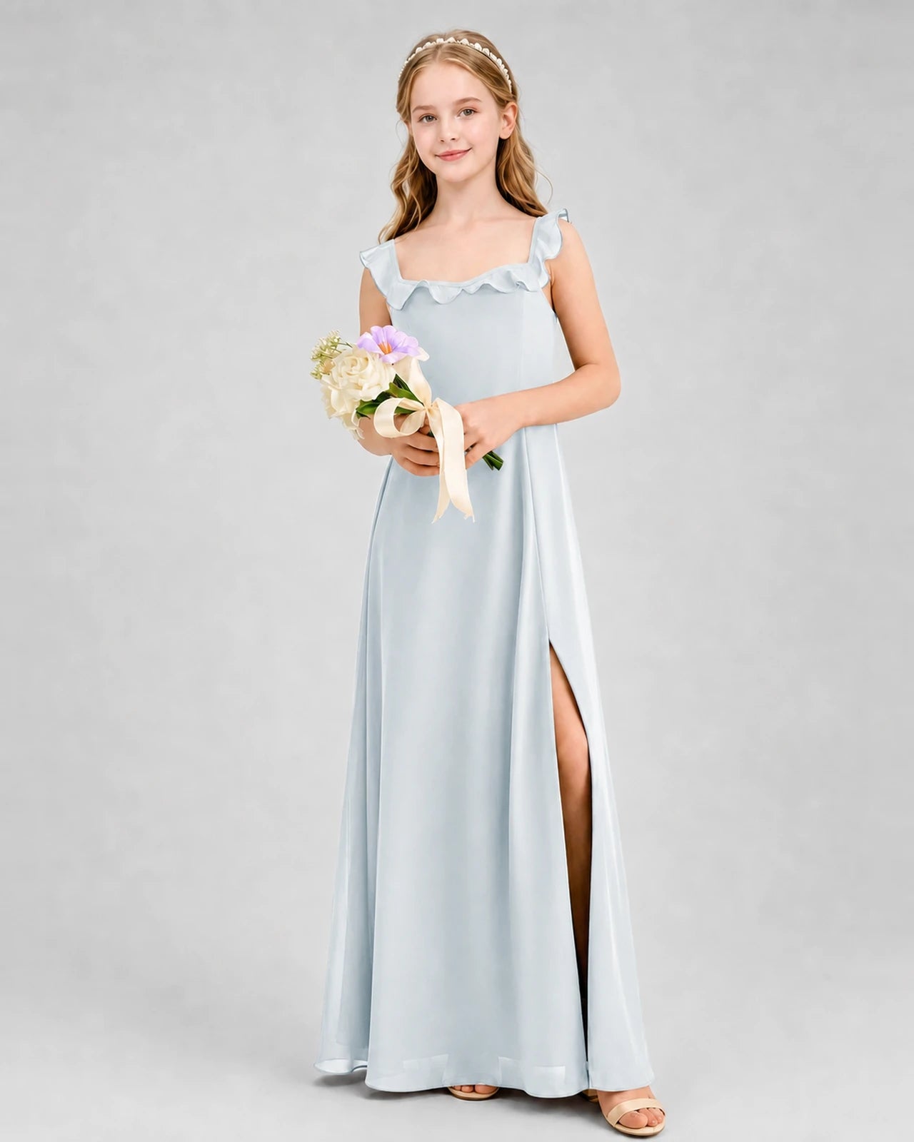 Mist Chiffon Ruffle Square Neck Split Junior Bridesmaid Dresses