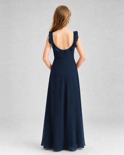 Navy Blue Chiffon Ruffled Scoop Back Junior Bridesmaid Dresses Back View
