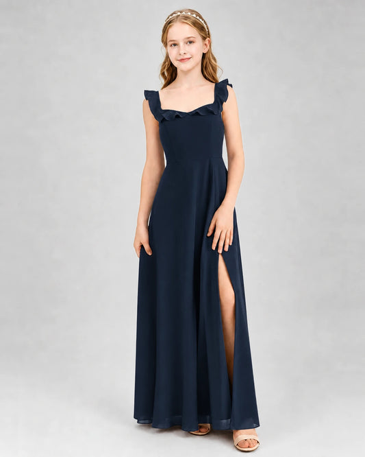 Navy Blue Chiffon Ruffled A-Line Junior Bridesmaid Dresses Front View