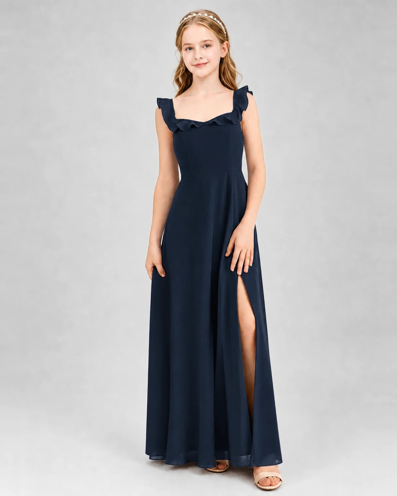 Navy Blue Chiffon Ruffled A-Line Junior Bridesmaid Dresses Front View