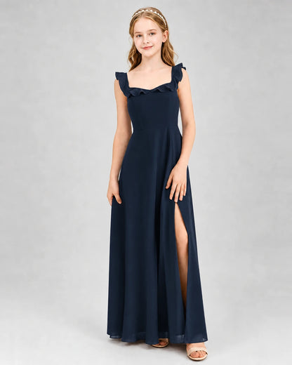 Navy Blue Chiffon Ruffled A-Line Junior Bridesmaid Dresses Front View