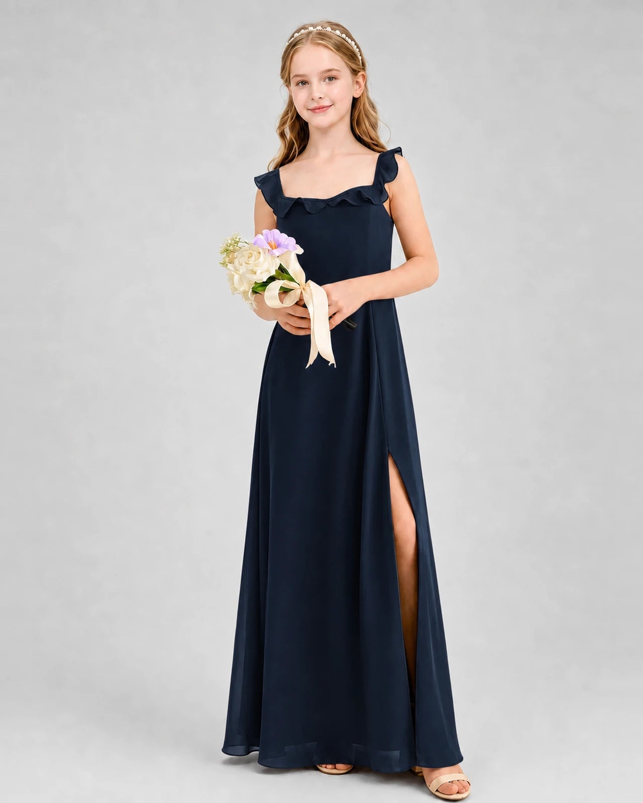 Navy blue chiffon ruffle strap split junior bridesmaid dress