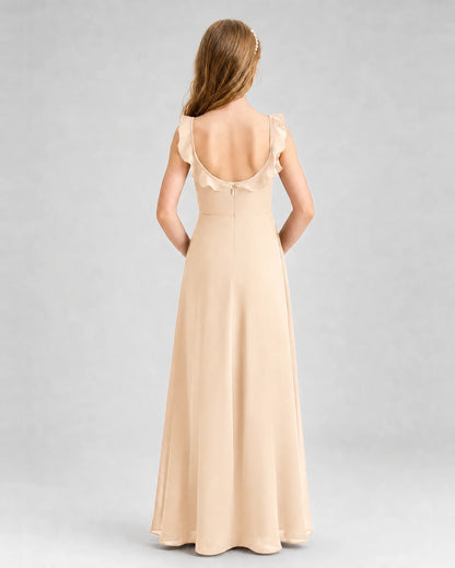 Peach Chiffon Ruffled Scoop Neck Junior Bridesmaid Dresses Back View