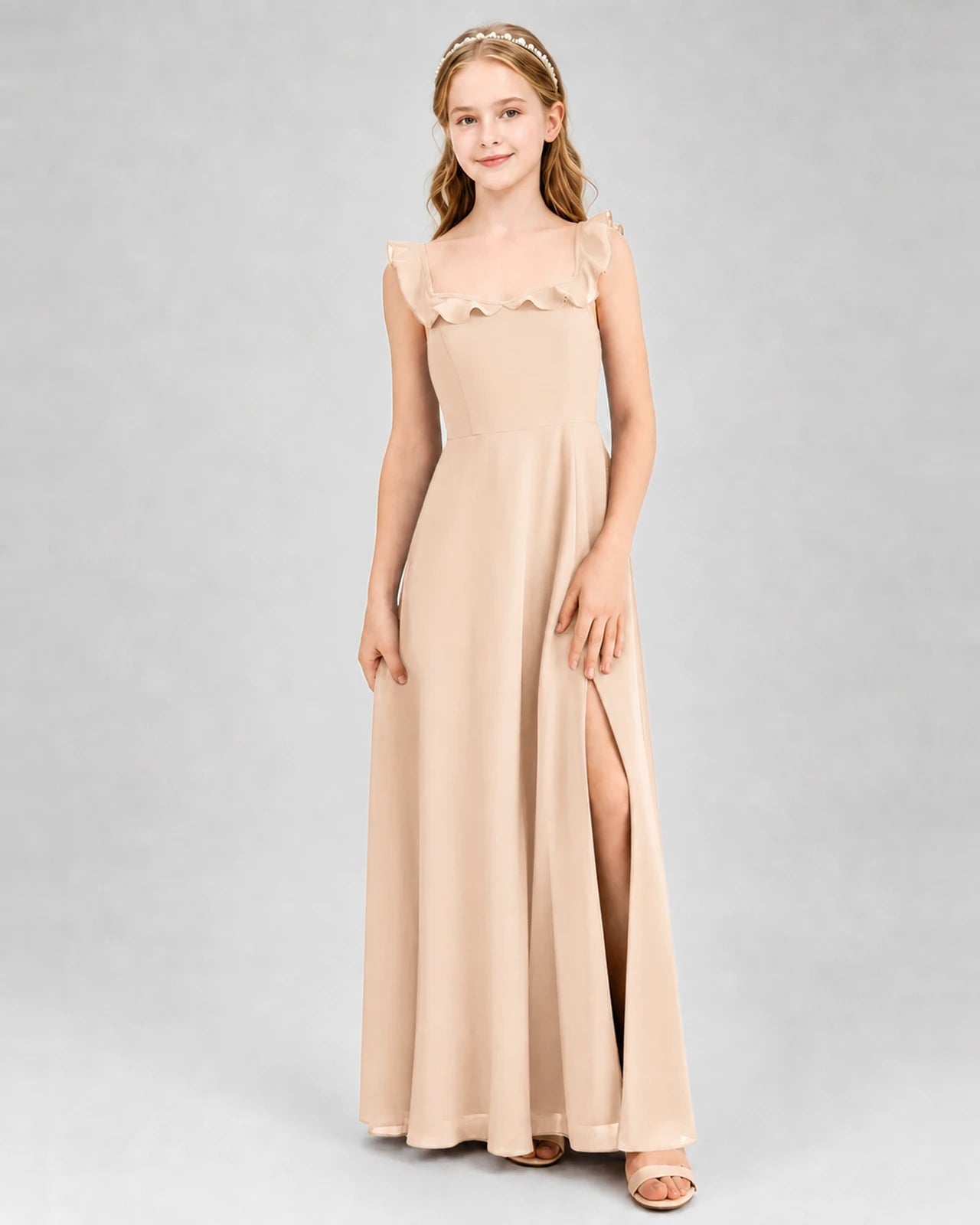 Peach Chiffon Ruffled A-Line Junior Bridesmaid Dresses Front View
