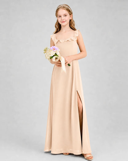 Peach Chiffon Ruffle Slit Junior Bridesmaid Dress